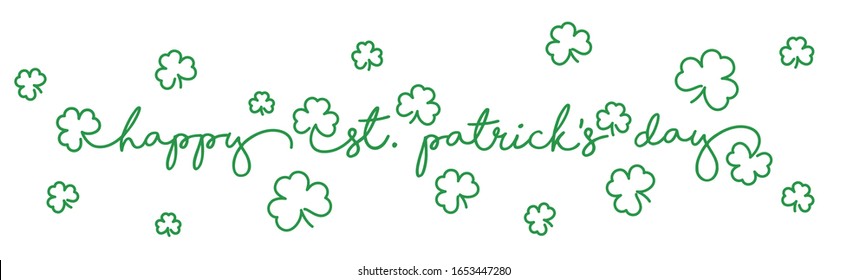 St Patrick's Day handwritten typography text line design green clovers pattern isolated on white banckground banner