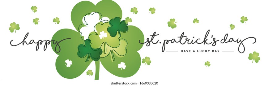 St Patricks Day handwritten typography lettering line design green clovers Lucky Day white banner