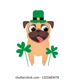 St. Patricks Day. Happy Dog Wearing Saint Patrick's Day. Pug In Green Hat.