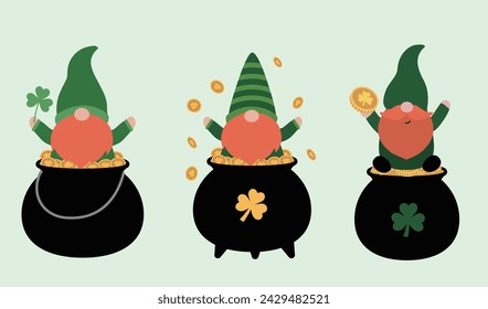 St. Patrick's Day. Happy gnome with a pot of gold coins