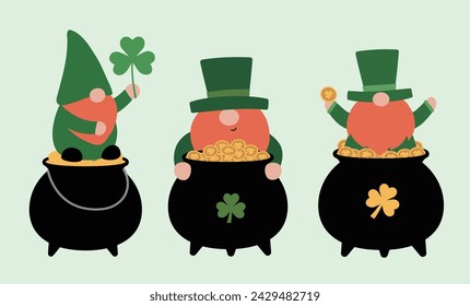 St. Patrick's Day. Happy gnome with a pot of gold coins