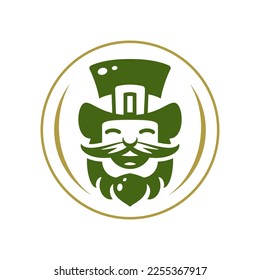 St Patrick's Day happy leprechaun with beard and mustache portrait circle frame vintage icon vector flat illustration. Laughing Irish troll face Celtic traditional fairy tale folklore character badge