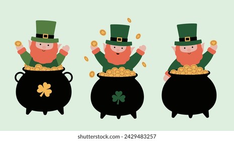 St. Patrick's Day. Happy leprechaun with a pot of gold coins