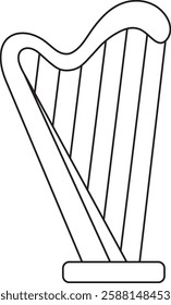 St. Patrick's Day, harp, Irish folk musical instruments, black and white vector linear icon isolated on a white transparent background