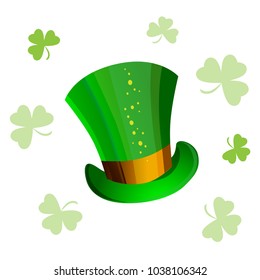 St. Patrick's Day hat with clover. Hat of the Leprechaun with shamrock. Vector illustration on isolated background
