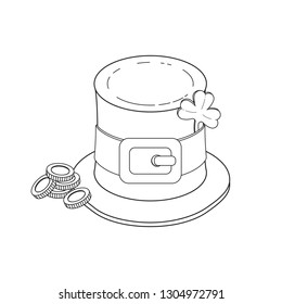 St. Patrick's day hat with clover and golden coins outline style isolated icon