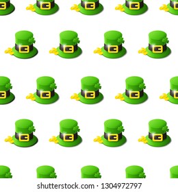 St. Patrick's day hat with clover and golden coins isometric seamless pattern on white background