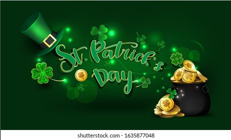 St. Patrick's Day and hat with clover party flyer, brochure, holiday invitation, corporate celebration Irish traditional holiday background 3d style Vector illustration,Happy Saint Patrick's day