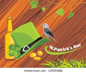 St. Patrick's Day hat, coins and beer bottle on the wooden background. Vector