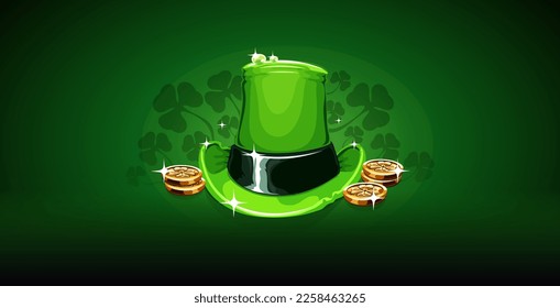 St. Patrick's Day Hat with Coins and Clovers on Dark Green Background. Vector clipart for your holiday project.