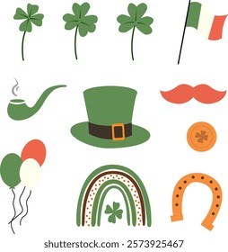 St Patricks Day hat, horseshoe with lucky clovers, gold coin, Irish flag, baloones, pipe and red mustache set for Greeting Card, Party Invitation, Merchandise Design, Social Media Graphic.