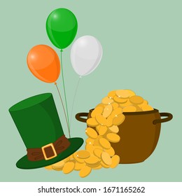 St. Patrick's day. A hat, a pot of gold, and balloons. 