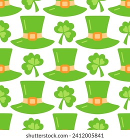 St Patricks day hat and shamrock clover vector seamless pattern. Traditional leprechaun gnome hat an good luck symbol repeating ornament. Irish holiday carnival background