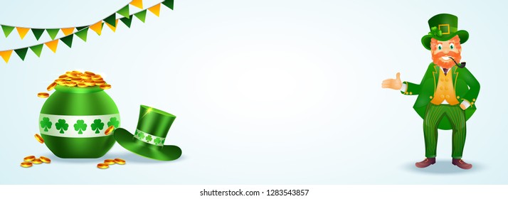 St. Patrick's Day header or banner design with illustration of leprechaun man character and coin pot on glossy background.