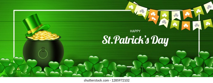 St. Patrick's Day header or banner design, illustration of coin pot with leprechaun hat on wooden texture background decorated with clover leaves. 
