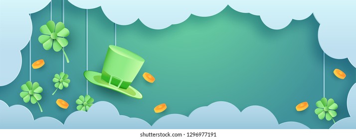 St Patricks Day header or banner design with leprechaun hat and paper cut style clover leaves hanging on glossy background.