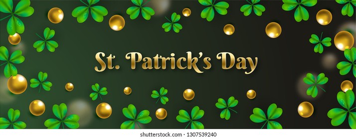 St. Patrick's Day header or banner design decorated with clover leaves and golden pearls on green background.