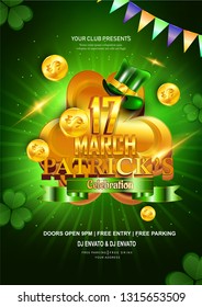 St. Patrick's Day header or banner , sale poster design decorated with clover leaves and beer glass, golden coin on green background.