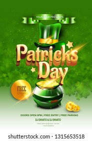 St. Patrick's Day header or banner , sale poster design decorated with clover leaves and beer glass, golden coin on green background.
