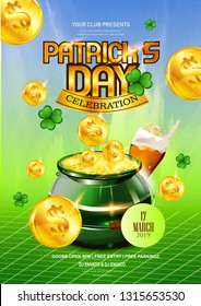 St. Patrick's Day header or banner , sale poster design decorated with clover leaves and beer glass, golden coin on green background.