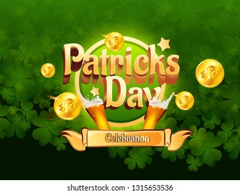 St. Patrick's Day header or banner , sale poster design decorated with clover leaves and beer glass, golden coin on green background.