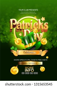 St. Patrick's Day header or banner , sale poster design decorated with clover leaves and beer glass, golden coin on green background.