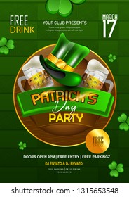 St. Patrick's Day header or banner , sale poster design decorated with clover leaves and beer glass, golden coin on green background.