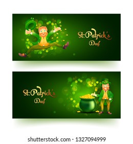 St Patricks Day header or banner set with illustration of leprechaun man character on green bokeh background.