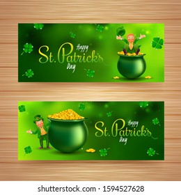 Encabezado o diseño de banner de San Patricio con carácter Leprechaun, macetas de monedas y hojas de shamrock decoradas en fondo verde.