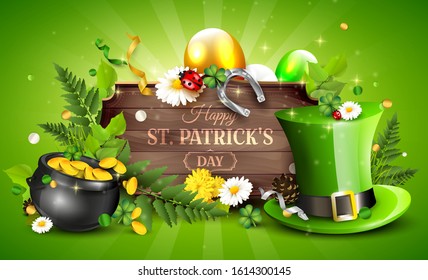 St. Patrick's Day header or banner with Leprechaun`s hat, pot of gold, cloverleafs and balloons in the colors of Ireland.