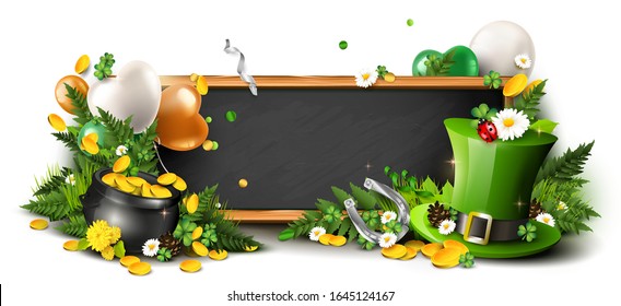 St. Patrick's Day header or banner with Leprechaun`s hat, pot of gold, cloverleafs and balloons in the colors of Ireland. Place for your text