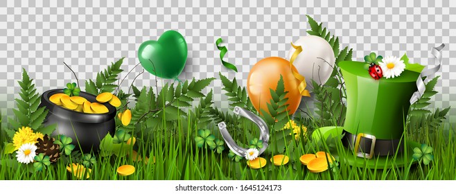 St. Patrick's Day header or banner with Leprechaun`s hat, pot of gold, cloverleafs and balloons in the grass