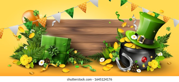 St. Patrick's Day Header Or Banner With Leprechaun`s Hat, Pot Of Gold, Cloverleafs And Balloons In The Colors Of Ireland. Place For Your Text