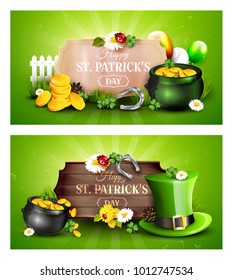 St. Patrick's Day headers or banners with St. Patrick's decorations and space for your text, company logo etc. 