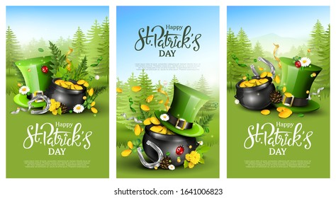 St. Patrick's Day headers or banners with beautiful sunny landscape in the background. 