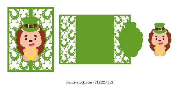 St. Patrick's Day hedgehog laser cutting invitation card template. Paper cut out silhouette for plotter and silk screen printing. Vector stock illustration.