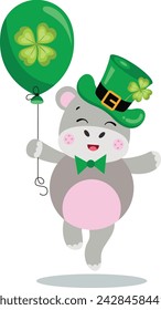 St Patrick's day hippo holding a green balloon with clover
