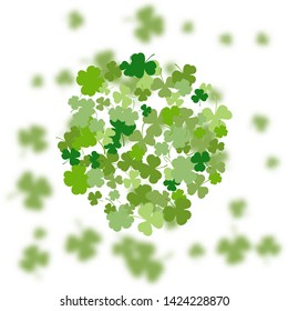 St. Patrick's Day holiday background. Green clover leaves round pattern on a background of blurred clover leaves. Ideal for greeting card, poster and web template. Vector illustration