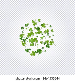 St. Patrick's Day holiday background. Green clover leaves round pattern on a transparent background. Ideal for greeting card, poster and web template. Vector illustration