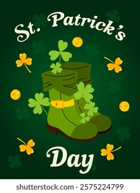 St. Patrick's Day. Holiday card, poster, placard. Clover symbol of luck. Green shoes. Irish national holiday.