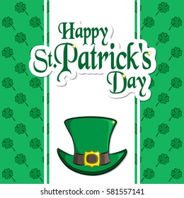 St. Patrick's Day holiday card. Greeting inscription, leprechaun hat, clover quatrefoil. Festive vector illustration. Usable for your design.
