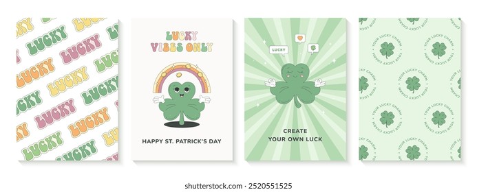 St. Patrick's Day holiday cards with cheerful messages. Cute cartoon shamrock characters in retro groovy style.
