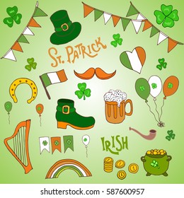 St. Patrick's Day holiday design elements set. Hand drawn vector illustration