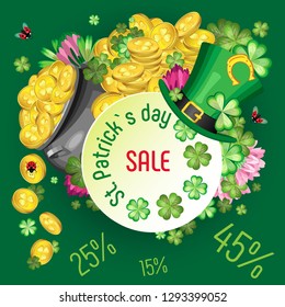 St. Patrick`s Day Holiday Discount Poster. A cauldron with gold coins, leaves and flowers of clover, flying ladybugs and a Leprechaun hat with a horseshoe in the foreground. Dark green background