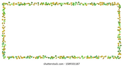 St. Patrick's Day holiday horizontal background. Frame from clover leafs, coins with clover leaf symbol isolated on white background. Ideal for greeting card, poster and web template. Vector