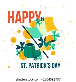 St. Patrick's Day holiday illustration,
In the illustration a pipe, the flag of Ireland and gold coins. EPS 10