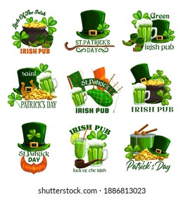 St Patricks Day holiday isolated vector icons. Irish pub green beer, clovers, leprechaun gold pots and hats, golden coins, shamrock leaves and lucky horseshoe, Ireland flag and treasure cauldron