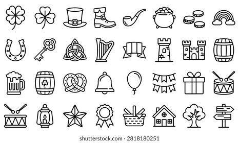 St Patrick's Day holiday line icon collection featuring clover, harp, beer mug, pot of gold, and Irish symbols