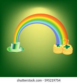 St. Patricks Day. Holiday magic. Green hat. Rainbow. A stack of gold coins. Vector illustration .