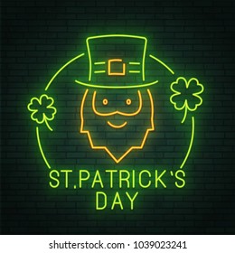 St. Patrick's Day. Urlaub. Neonmuster.Klee. Neon unterschreiben. Logo, Emblem und Etikett. Banner. Vektorgrafik